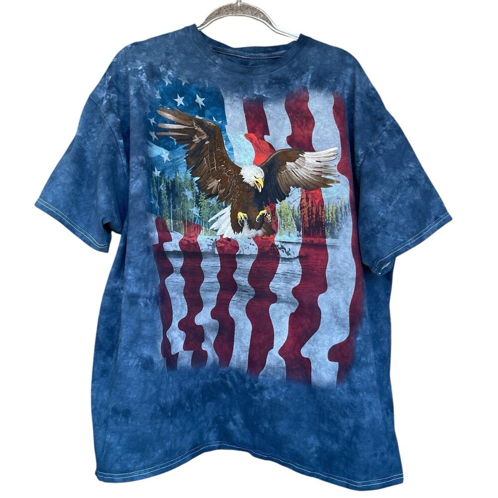 American Flag Eagle Tie Dye‎ T Shirt Adult XL Blue Distressed Short Sleeve